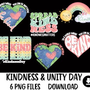May include: Six digital illustrations with a rainbow, sun, clouds, and hearts. The illustrations feature the text "Be Kind" and "Spread Kindness" with the hashtags #KindnessMatters and #KindnessDay.
