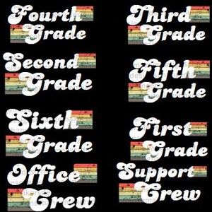 Puede incluir: Un conjunto de ocho dise&ntilde;os de vinilo termoadhesivo con texto de estilo retro en colores arco&iacute;ris. Los dise&ntilde;os incluyen "Fourth Grade", "Third Grade", "Second Grade", "Fifth Grade", "Sixth Grade", "First Grade", "Office Crew" y "Support Crew".
