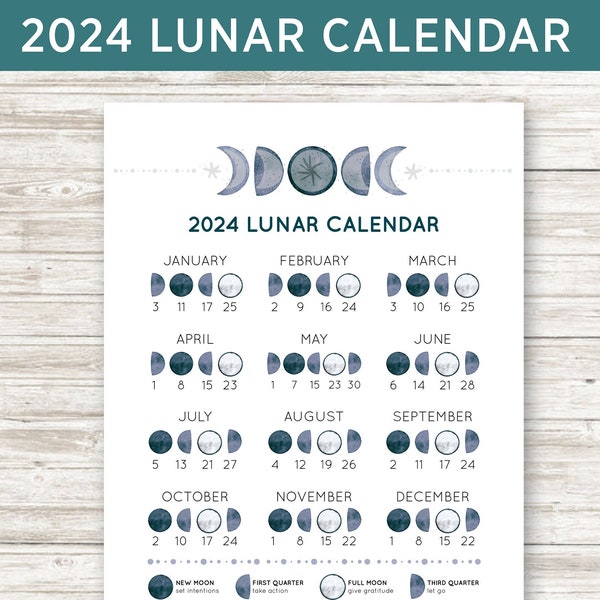 printable Lunar Calendar 2024 - moon phase calendar - 2024 moon calendar - full moons 2024 - lunar planner - instant download