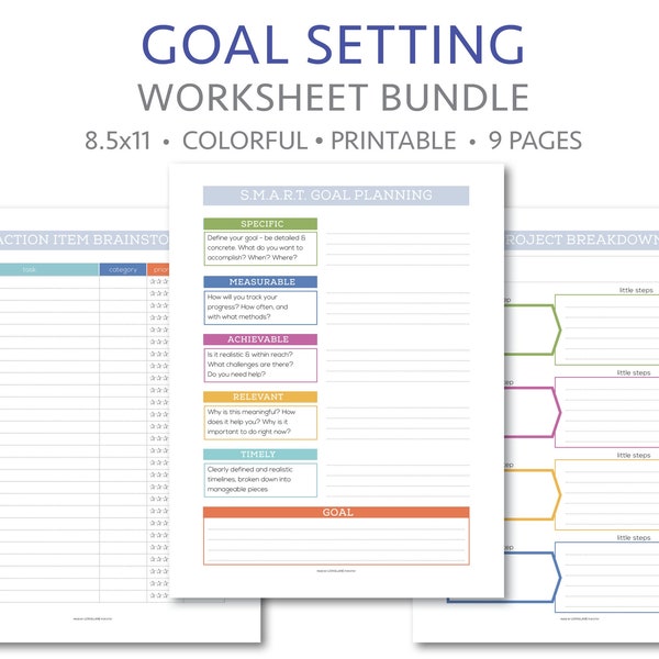 Colorful SMART Goal Setting - Goal Tracking - Goal Planning - Project Planning - Worksheet Bundle - Planning Set