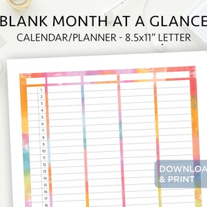 Calendário resumido do mês em branco - Calendário para impressão 8,5 x 11 - Estilo de lista - organização - planejamento - agendas familiares - Download instantâneo