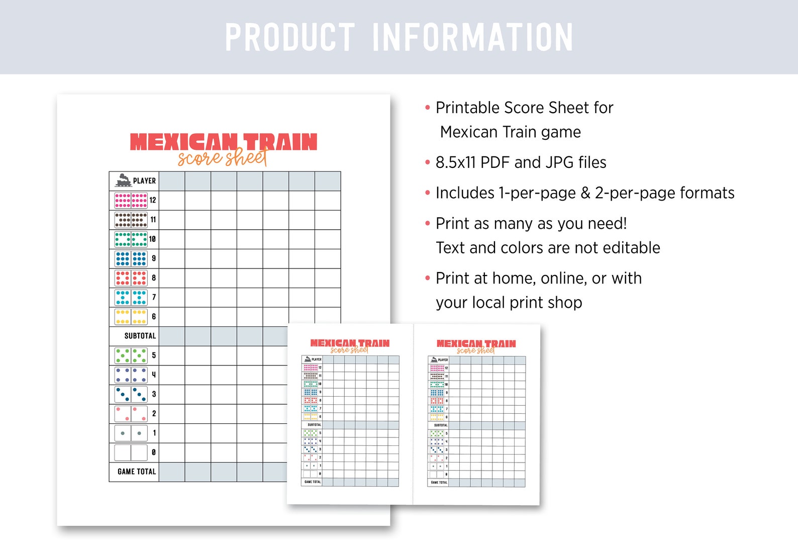 Mexican Train Scorecards - Printable Dominoes Game Score Sheets ...