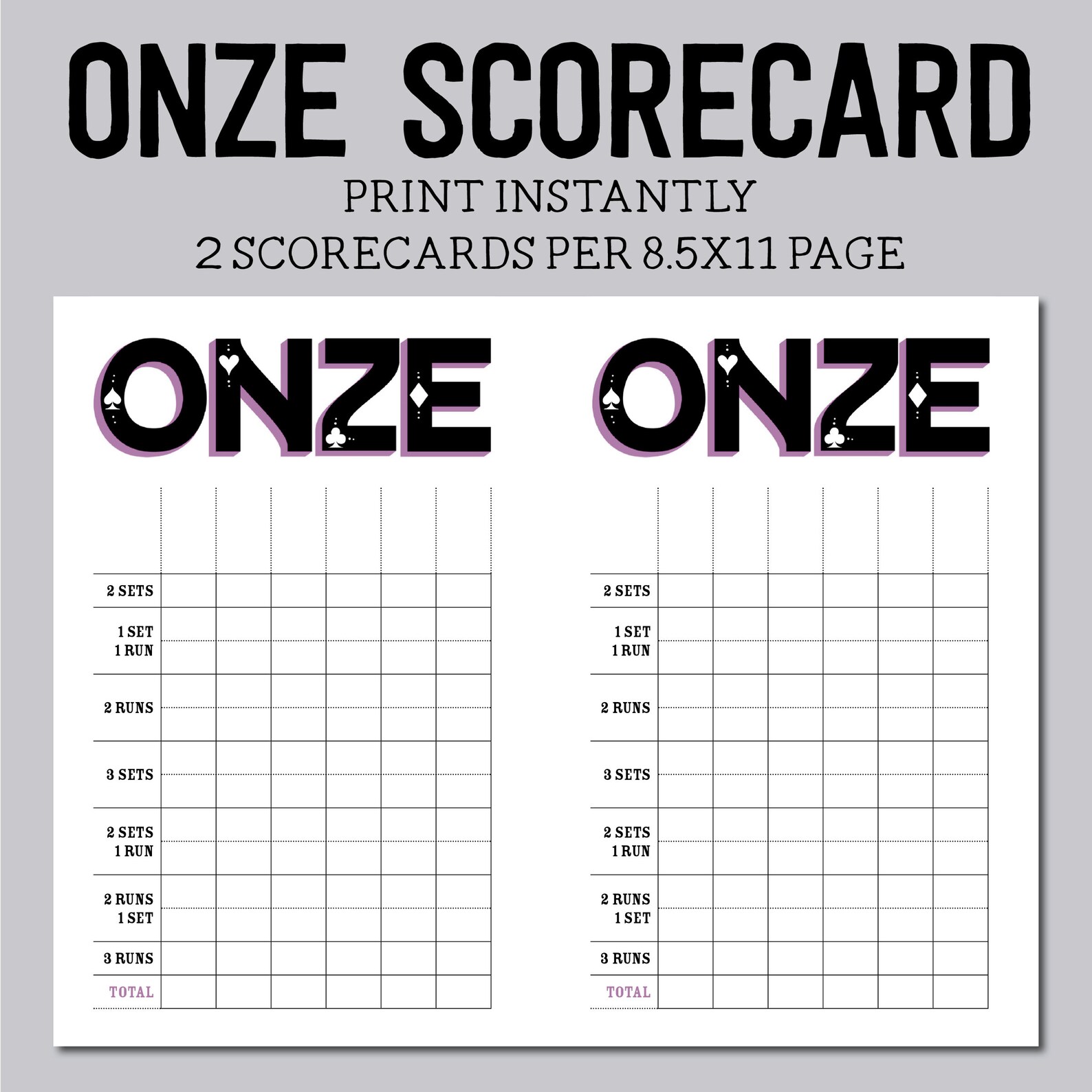 ONZE Scorecards Printable Score Sheets Instant Download Onze Card Game ...