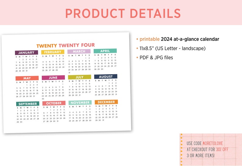 Printable 2024 Year at a Glance Calendar Colorful Calendar Instant