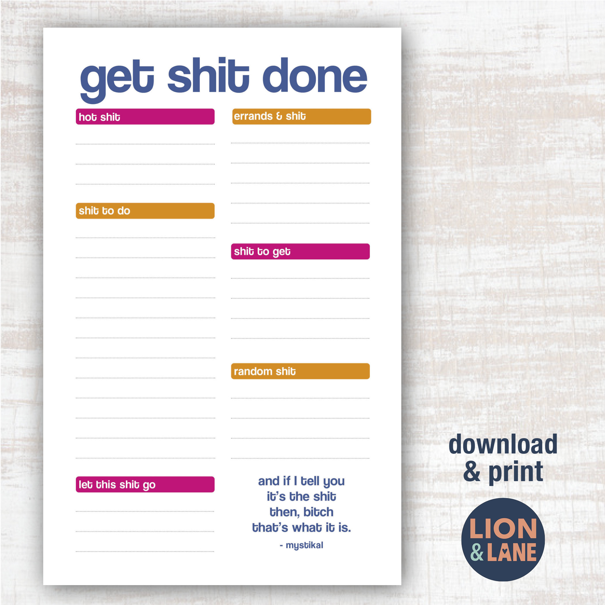 Printable to Do List - Get Shit Done - Shit List - Funny Printable 5 ...
