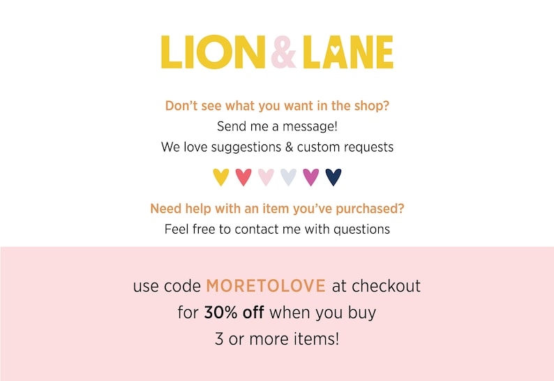 以下が含まれることがあります： 黄色と白で「LION & LANE」というテキストが入ったグラフィック。 「お店で欲しいものが見つからない？メッセージを送ってください！」と「ご提案やカスタムリクエストをお待ちしております。」というフレーズが含まれています。