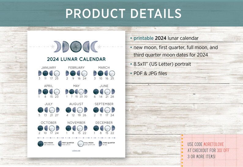 Printable Lunar Calendar 2024 Moon Phase Calendar 2024 Moon Calendar