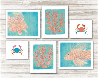 PRINTABLE Gallery Wall Set of 6 - Beach House Decor - Coral, Fish and Crab - Print Multiple Sizes - Beach House Ocean Sea Life