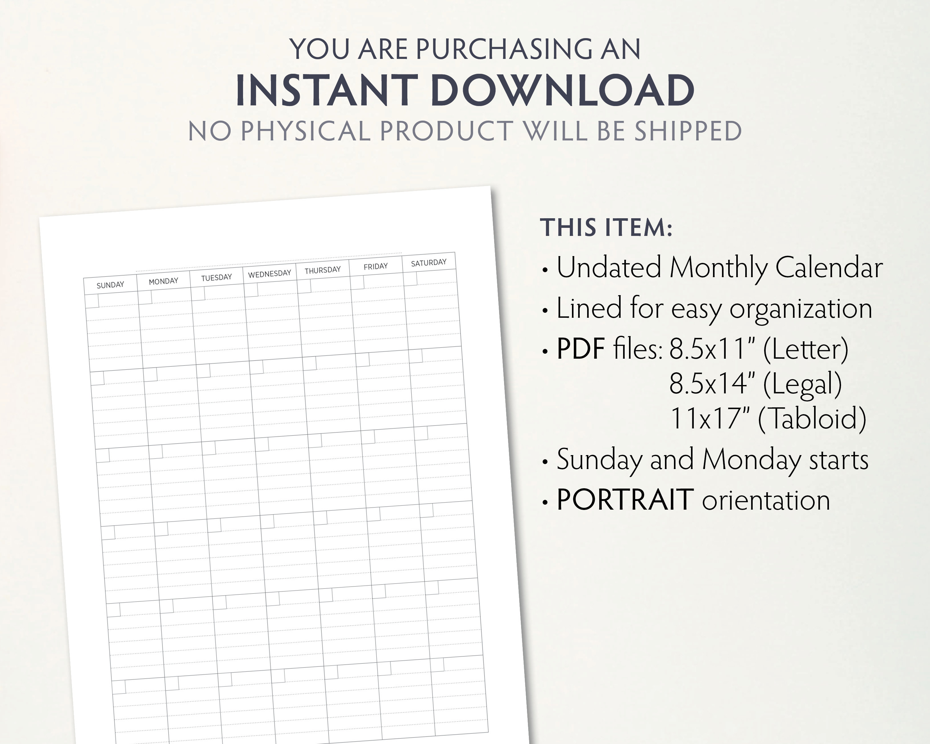 Blank Monthly Calendar PORTRAIT Undated Printable Calendar With Lines ...