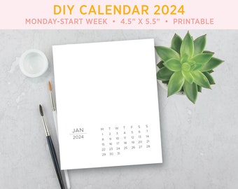 2024 Printable Calendar for DIY - Monday-start weeks - 4.5x5.5" - Decorate Yourself Calendar - Instant Download - Calendar Template