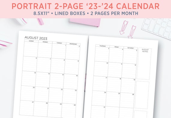 2024 Printable Calendar 2-page Monthly Spreads 23-24 Calendar With Lines  Portrait Letter Vertical Orientation Academic Calendar Set - Etsy