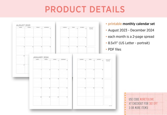 2024 Printable Calendar 2-page Monthly Spreads 23-24 Calendar With Lines  Portrait Letter Vertical Orientation Academic Calendar Set - Etsy