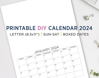 Printable Calendar for DIY - 2023-2024 - 8.5x11 - Calendar with Boxes - Decorate Yourself Calendar Instant Download - Calendar Templates