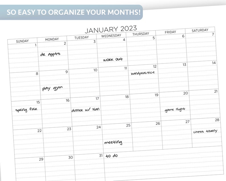 2023 Monthly Calendar Printable Calendar With Lines Lined Etsy Polska