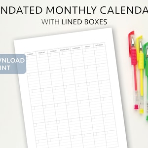 Calendário mensal em branco - RETRATO Calendário sem data para impressão com linhas - Calendário pautado, download instantâneo, vertical - Carta Legal Tabloide