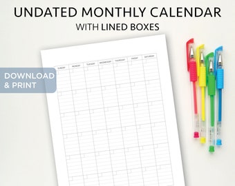 Blank Monthly Calendar - PORTRAIT Undated Printable Calendar with Lines - Lined Calendar, Instant Download, Vertical - Letter Legal Tabloid