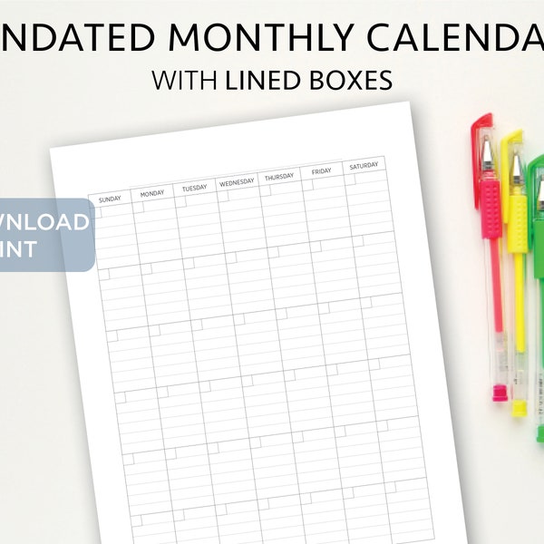 Blank Monthly Calendar - PORTRAIT Undated Printable Calendar with Lines - Lined Calendar, Instant Download, Vertical - Letter Legal Tabloid