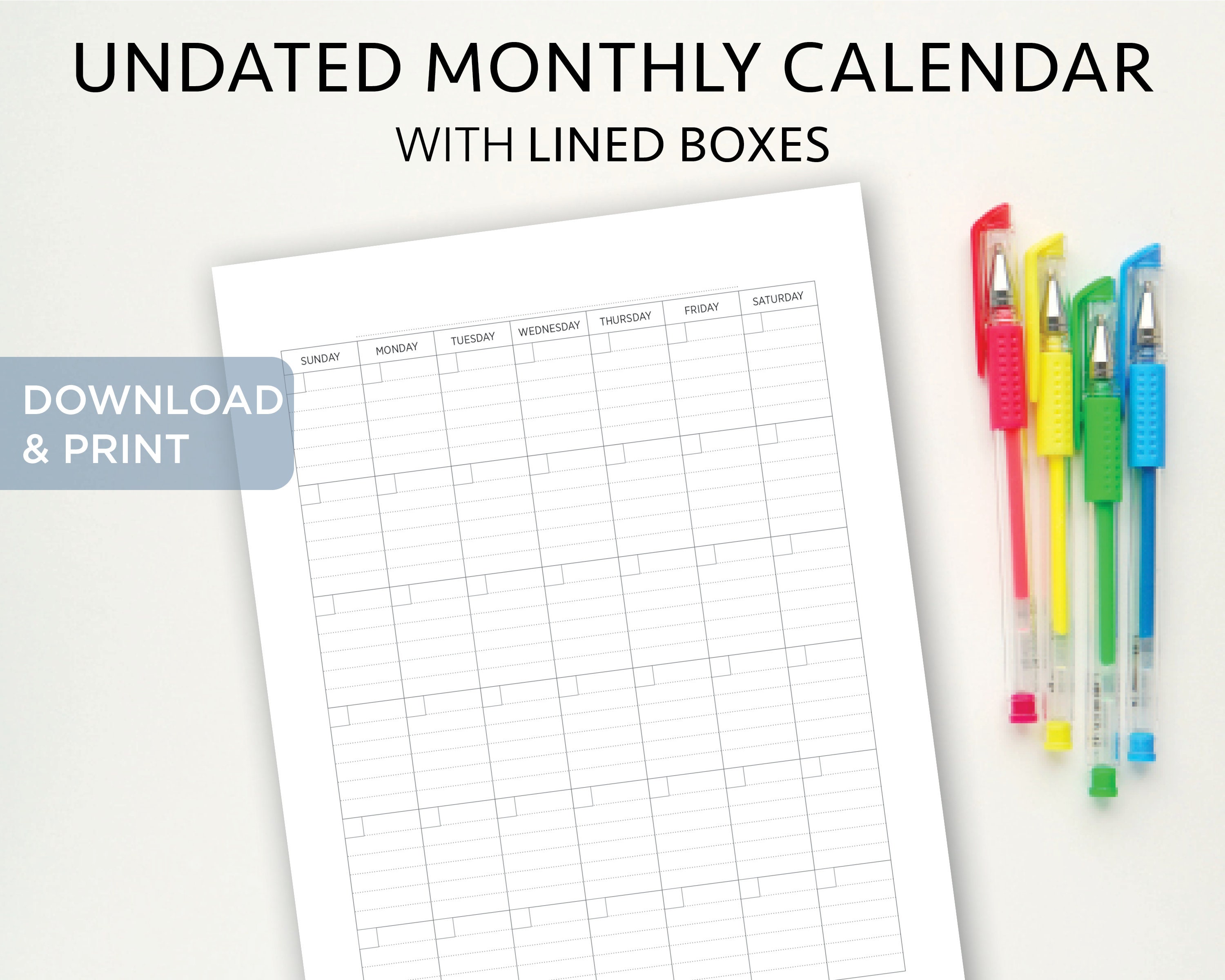 Blank Monthly Calendar PORTRAIT Undated Printable Calendar With Lines ...