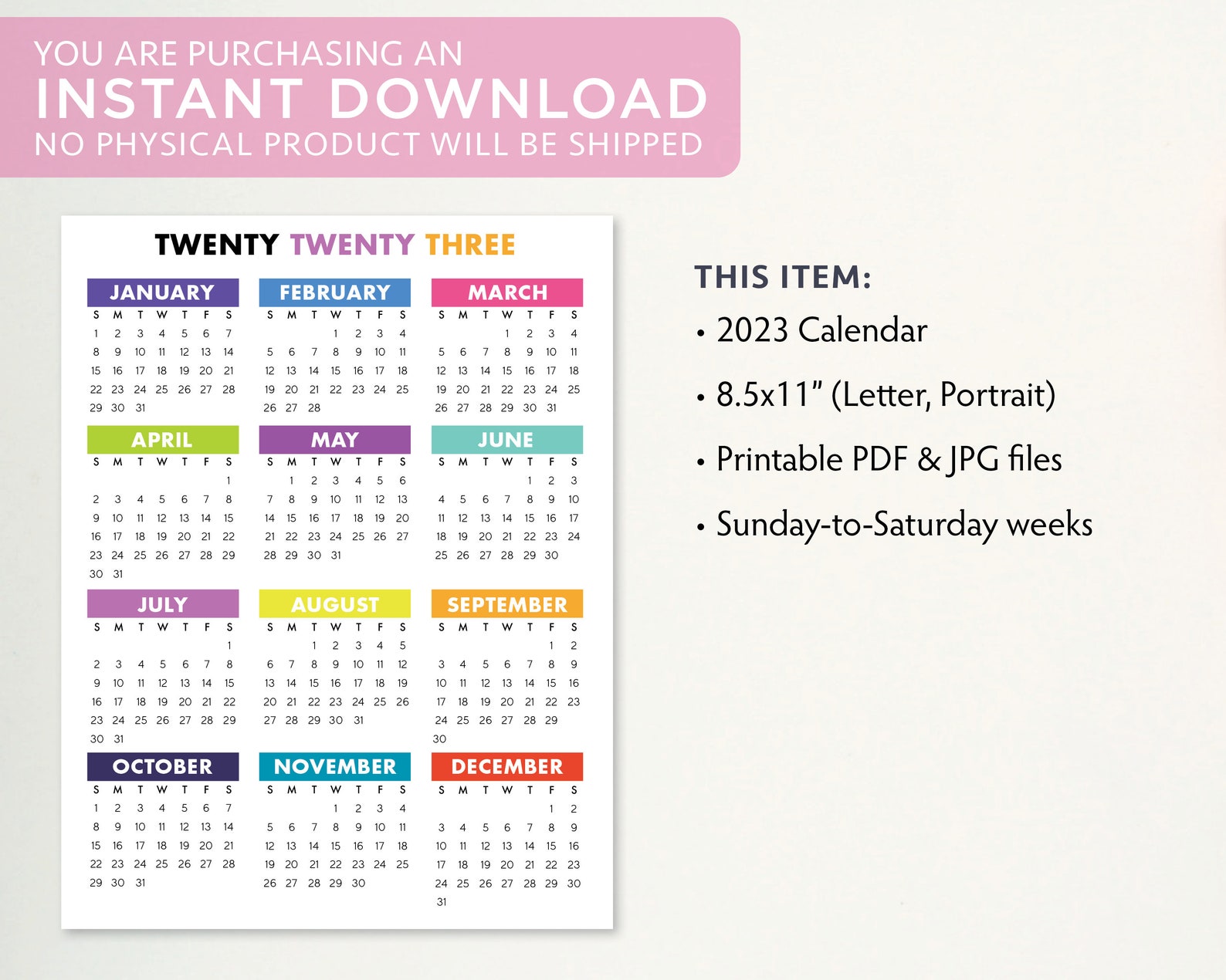 2023 Calendar 2024 Calendar Year At A Glance Printable Etsy Images