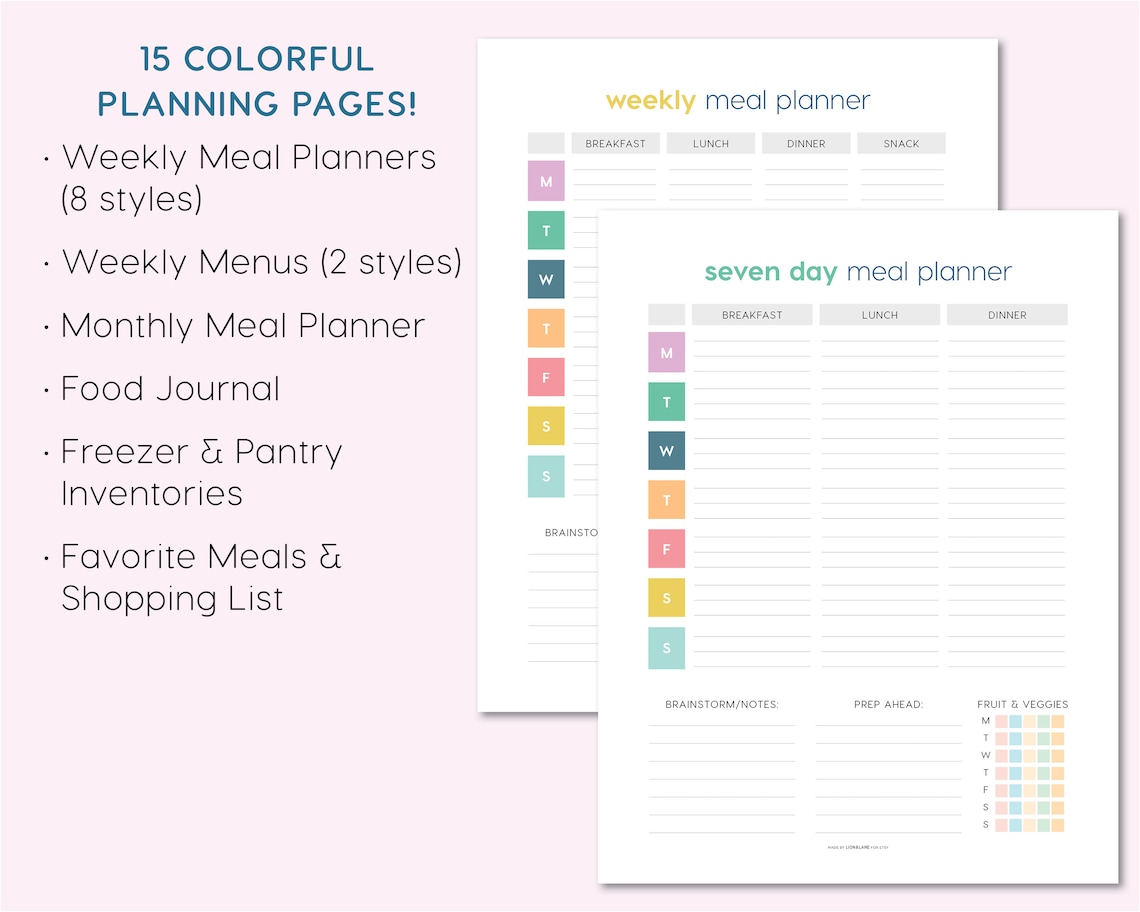 Colorful Printable Menu Planner Bundle - Weekly Meal Planner ...