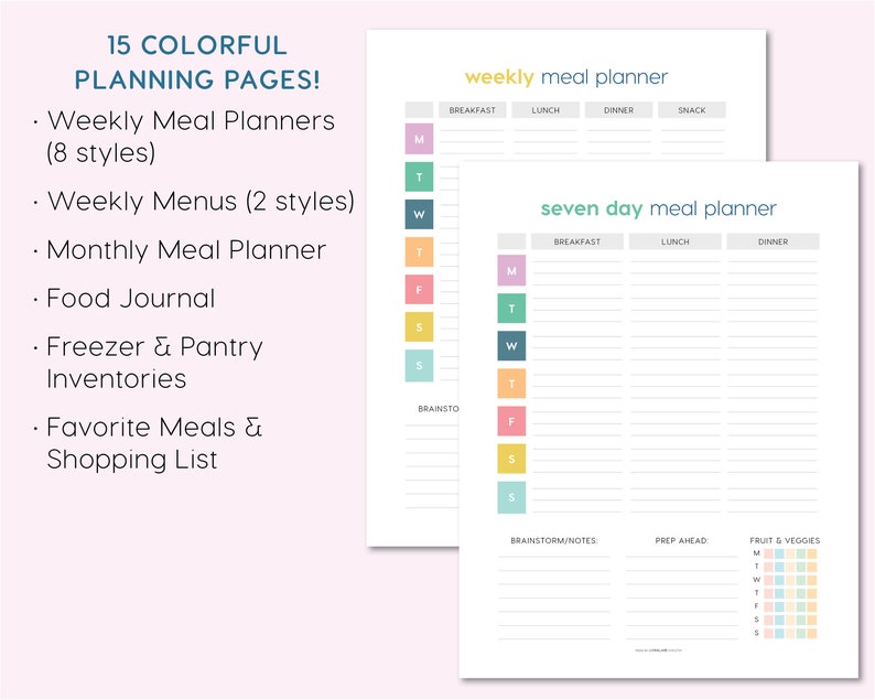 Colorful Printable Menu Planner Bundle - Weekly Meal Planner ...