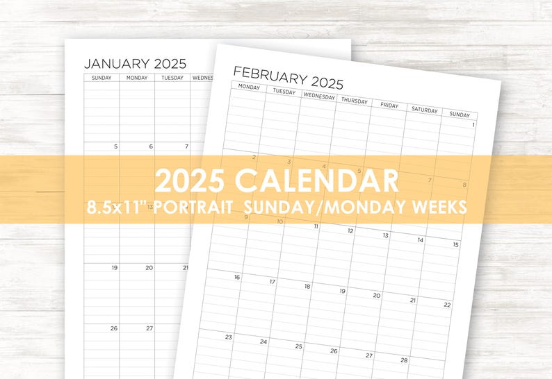 2025 Printable Calendar Set Portrait Monday Weeks and Sunday Weeks