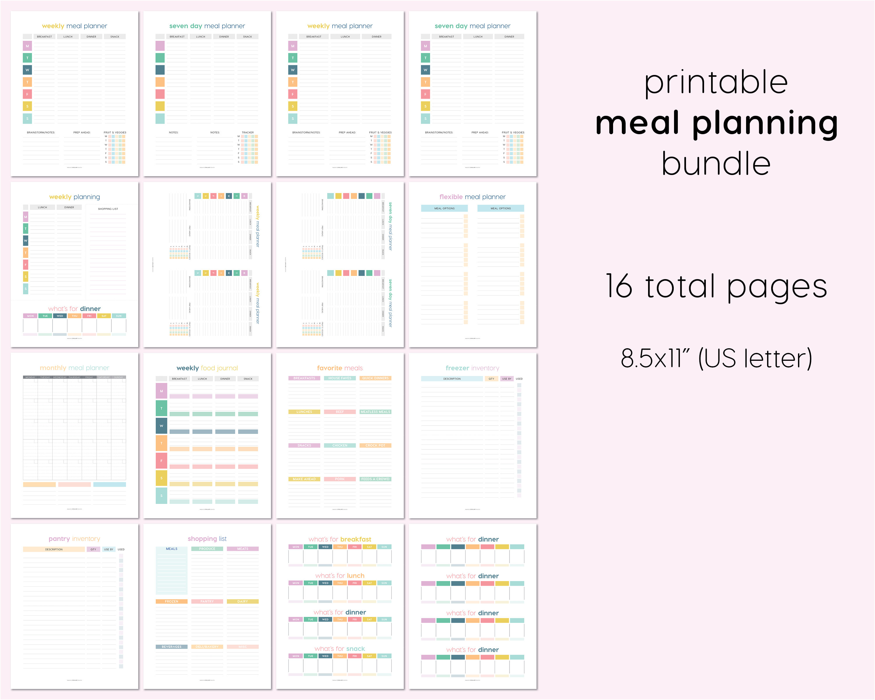 Colorful Printable Menu Planner Bundle - Weekly Meal Planner ...