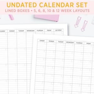 Printable Undated Calendar - Blank Printable Calendar with Lines - 5 week 6 weeks 8 weeks 10 weeks and 12 weeks - Portrait Letter