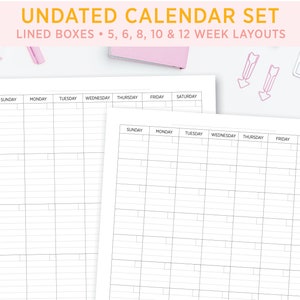 Calendario imprimible sin fecha - Calendario imprimible en blanco con líneas - 5 semanas 6 semanas 8 semanas 10 semanas y 12 semanas - Carta vertical