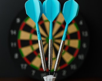 Może przedstawiać: Czarny uchwyt na rzutki z trzema rzutkami. Rzutki mają srebrne trzonki i jasnoniebieskie lotki. Tekst "DART HOLDER" i "KEEP YOUR DARTS ON TARGET" jest wyświetlany nad rzutkami. W tle znajduje się tarcza do darta.