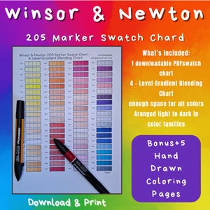 Winsor & Newton ProMarkers 205-staalkaart – afdrukbare pdf | Overvloeitabel met 4 niveaus | Digitale download