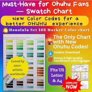 Ohuhu New Color Codes Swatch Chart – 168 Honolulu Marker Chart 2025 – 4-Level Gradient + Bonus 5 Coloring Pages – A4 & US Letter
