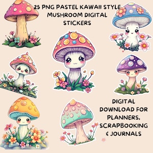 40 adesivi pastello kawaii a forma di fungo / estetica pastello / download digitale per planner, scrapbooking e diari