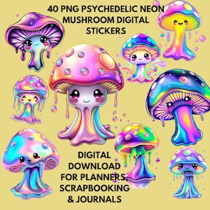 40 psychedelische kawaii-paddenstoelenstickers | Neon Trippy Esthetiek | Digitale download voor planners, scrapbooking en tijdschriften