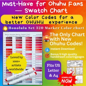 Tabella dei campioni dei nuovi codici colore Ohuhu – Tabella dei 320 pennarelli Honolulu 2025 – Gradiente a 4 livelli + 5 pagine da colorare bonus – A4 e formato lettera USA