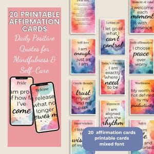 20 afdrukbare bevestigingskaarten – dagelijkse positieve citaten | Mindfulness en zelfzorg | Cadeau geestelijke gezondheid | Digitale download