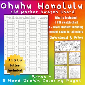 Ohuhu Honolulu Marker Swatch Chart - 4-Level Farbverlauf Vorlage | PDF Druckbar | 168 Farben | Bonus Malvorlagen