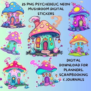 25 naklejek Trippy Mushroom House - Cyfrowy pakiet naklejek fantasy - Neon Cottage w stylu kawaii inspirowany PNG - Cyfrowe planery i dzienniki