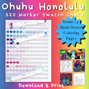 Stalenkaart Ohuhu Honolulu 320 markering – afdrukbare pdf | DIY-kleurenkaart + 4 handgetekende kleurplaten