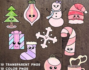 Sellos de pincel navideños kawaii para Procreate, archivos PNG transparentes, a color y con purpurina, para creadores, imprimibles digitales