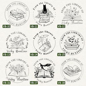 May include: Set of nine black and white illustrations of book-themed rubber stamps. Each stamp features a different design, including a cat sitting on a stack of books, a dragon, and various floral arrangements. The text "From the library of" and "Vicky Buntine" appears on each stamp.