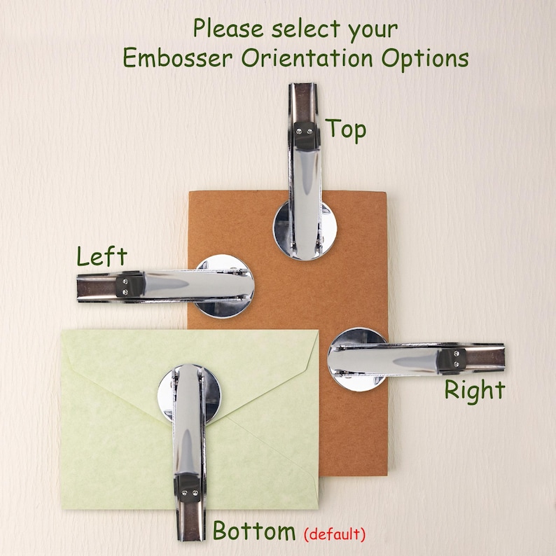May include: Four silver-colored embossers are shown on envelopes, demonstrating the different orientation options: top, left, right, and bottom (default).