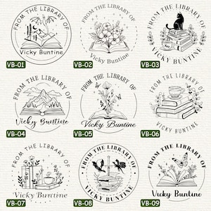 May include: Nine black and white illustrations of book-themed stamps. Each stamp features a different design, including a bat, flowers, a cat, a mountain, a teacup, a dragon, and a butterfly. The text "From the Library of Vicky Buntine" appears on each stamp.