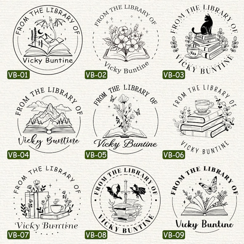 May include: Nine black and white illustrations of book-themed stamps. Each stamp features a different design, including a bat, flowers, a cat, a mountain, a teacup, a dragon, and a butterfly. The text "From the Library of Vicky Buntine" appears on each stamp.