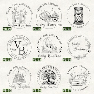 May include: Set of 7 black and white illustrations of book-themed rubber stamps. Each stamp features a different design, including a stack of books, an open book, an hourglass, a moon, a castle, a tree, and a cup of tea. The text "From the Library of" is included on each stamp, along with the name "Vicky Buntine".