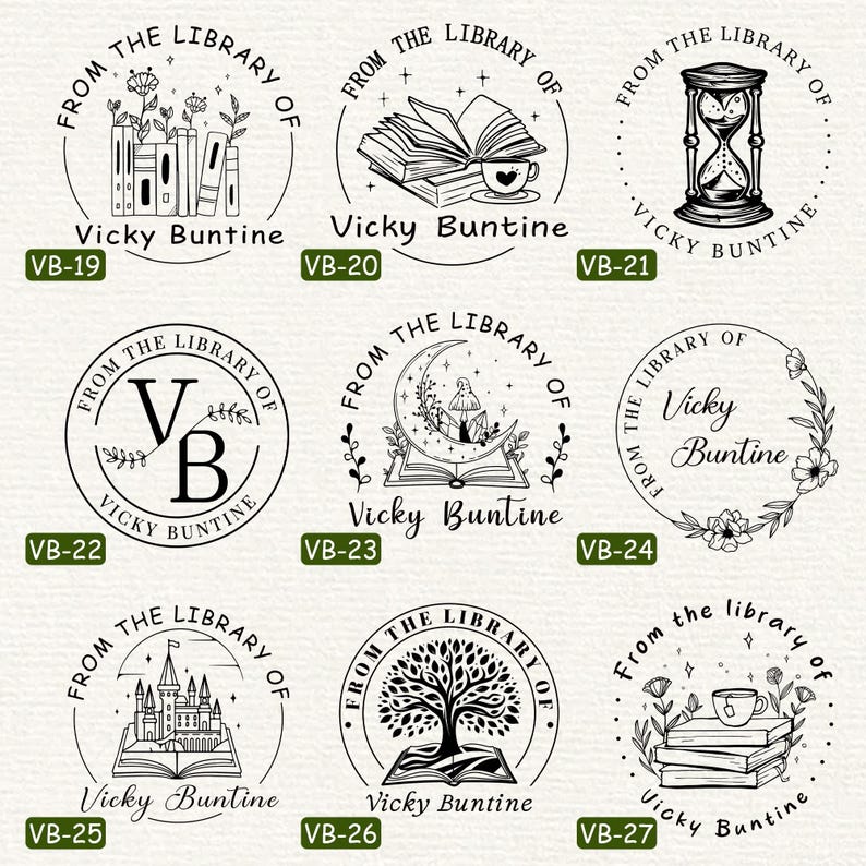 May include: Set of 7 black and white illustrations of book-themed rubber stamps. Each stamp features a different design, including a stack of books, an open book, an hourglass, a moon, a castle, a tree, and a cup of tea. The text "From the Library of" is included on each stamp, along with the name "Vicky Buntine".