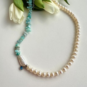 Natural Turquoise & Freshwater Pearl Necklace, Handmade Beaded Necklace, Freshwater Pearl Necklace, Turquoise Necklace, Gift's for her