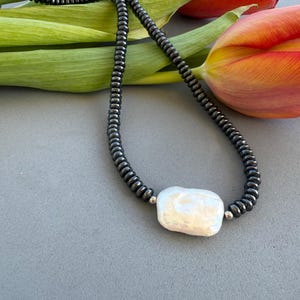 hematite necklace, baroque pearl, gray necklace, gift for her, gray metallic jewelry,Hematite Beaded Necklace, Gemstone Beaded Necklace