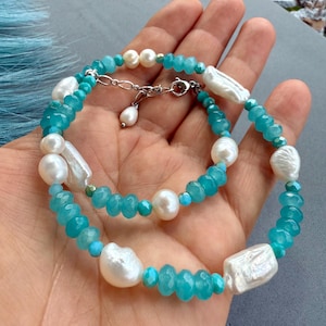Blue Jade and Pearl Necklace,Handmade