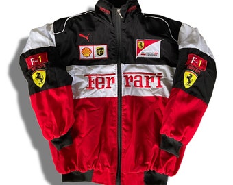 veste de course Ferrari vintage | Veste F1 | Blouson de voiture | Formule 1 | Veste de rallye | Streetwear | Vieille école | Noir, blanc et rouge